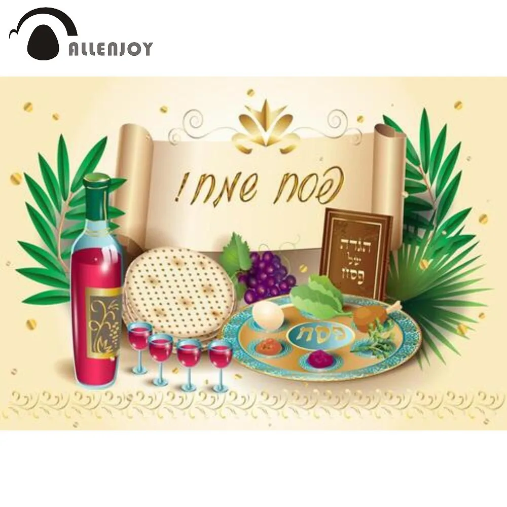 

Allenjoy Jewish Happy Passover Background Party Gold Holiday Traditional Hebrew Wine Bread Vintage Frame Photophone Backdrop