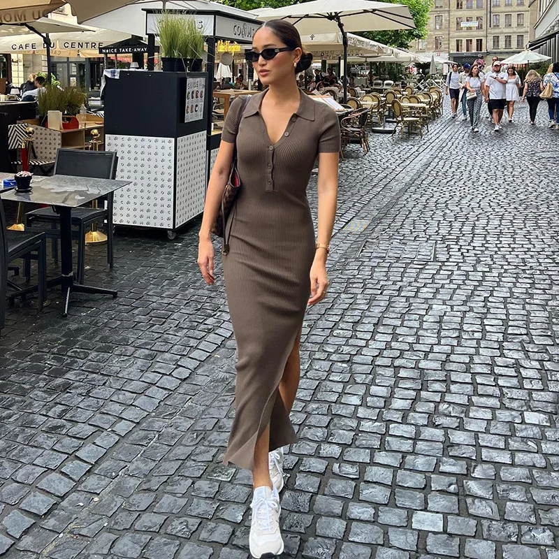 

Y2k Knit Short Sleeve Summer Dress Slim Women Clothes Sexy Boho Half Button Beach Dress Fashion Lady Black Pink Vestido Dresses