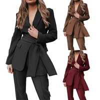 womens two pieces suit set solid color long sleeve blazeru00a0 straight leg trousers set for ladies blackkhakiwine red