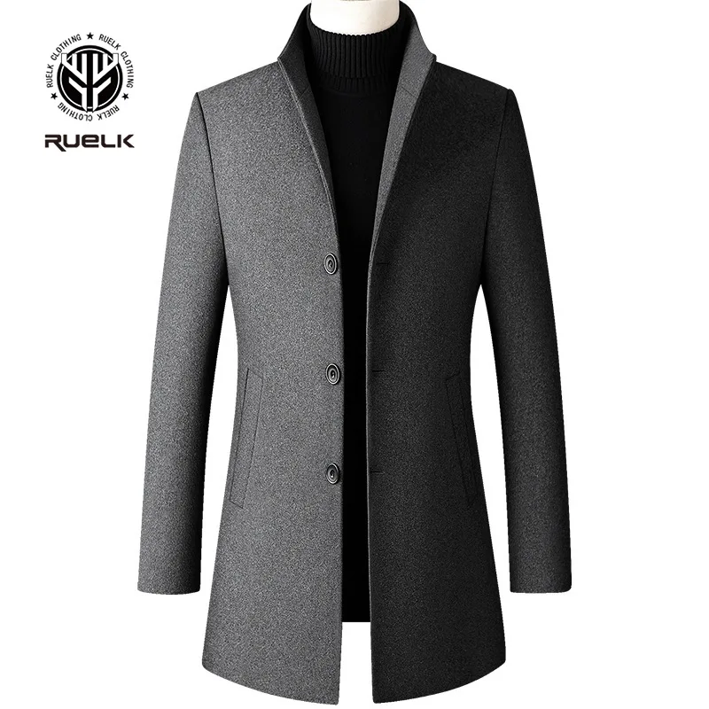 

RUELK 2022 Woolen Coat New Autumn and Winter Men's Mid-length Men's Classic Solid Color Woolen Business Woolen Men's Trench Coat