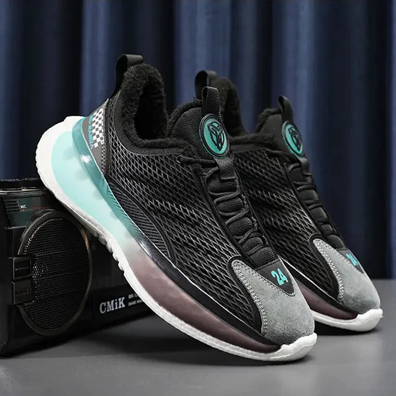 Trendy Men Shoes Plus Velvet Thickened Mesh Breathable Running Shoes Outdoor Comfortable Lightweight Non-slip Warm Sports Shoes