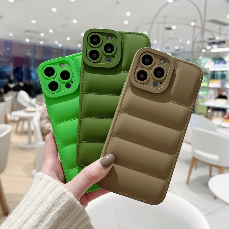 Luxury Leather Down Jacket The Puffer Phone Case For iPhone 13 12 11 Pro Xs Max X Xr 7 8 Puls SE Candy Color Shockproof Cover | Мобильные