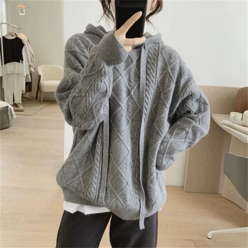 

Sweater women's twist thin strap hooded autumn and winter thin knitwear women's loose languid style sweatshirt