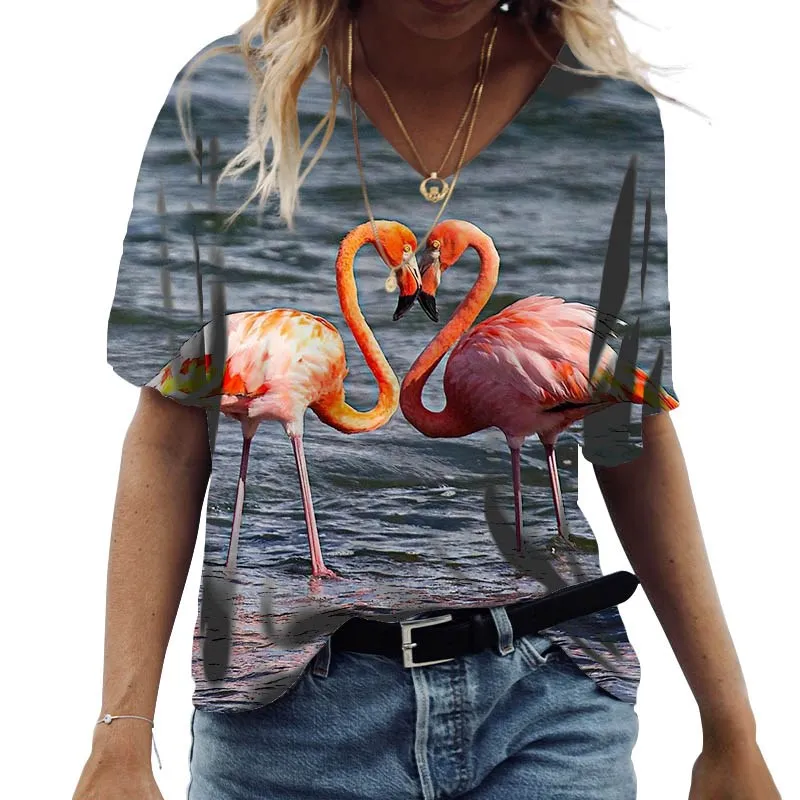 

Женская футболка с принтом фламинго, Повседневный пуловер с коротким рукавом и цветочным принтом градиентного цвета, лето 2022
