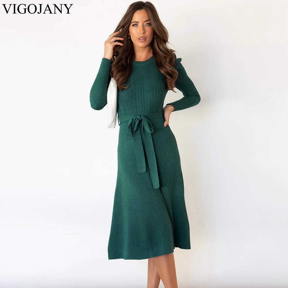 

VigoJany, женские зеленые платья-свитеры, сезон осень-зима 2022, вязаное платье-миди с длинным рукавом и буффами, элегантное женское теплое вязано...