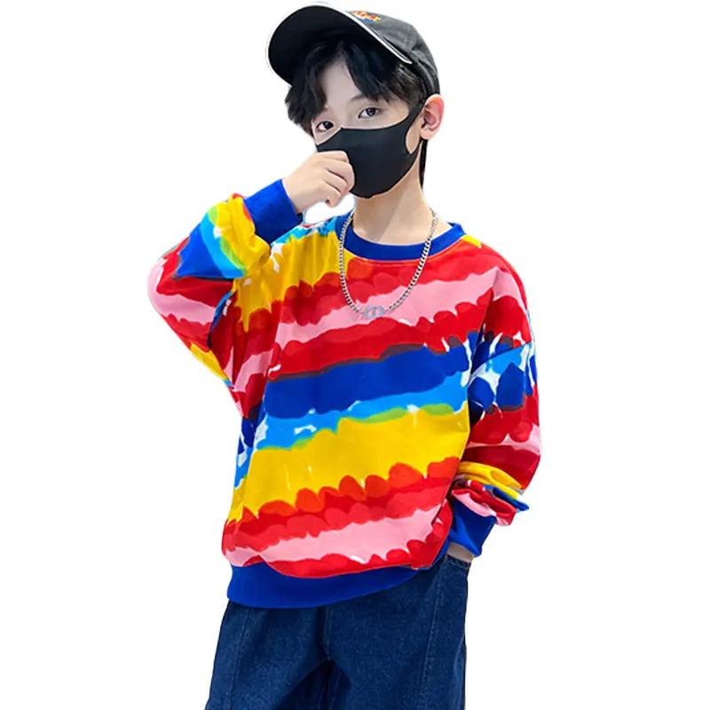 

Kids O-Neck Sweatshirt for Boy Tie-Dye Gradient Causal Tops For Spring Autumn Children Long Sleeve Cotton Tshirt For Boy 5-14Yrs