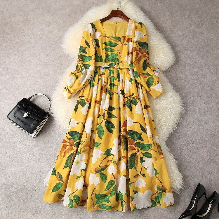 European and American women's wear spring 2022 new Yellow printed belt square collar and long sleeves Fashion pleated dress