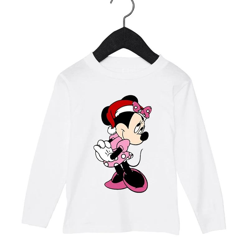 

Cute Minnie Mouse Santa Merry Christmas Long Sleeve T-shirt Girls Boys Kawaii Disney Xmas Graphic Printed Tees 100% Cotton Tops