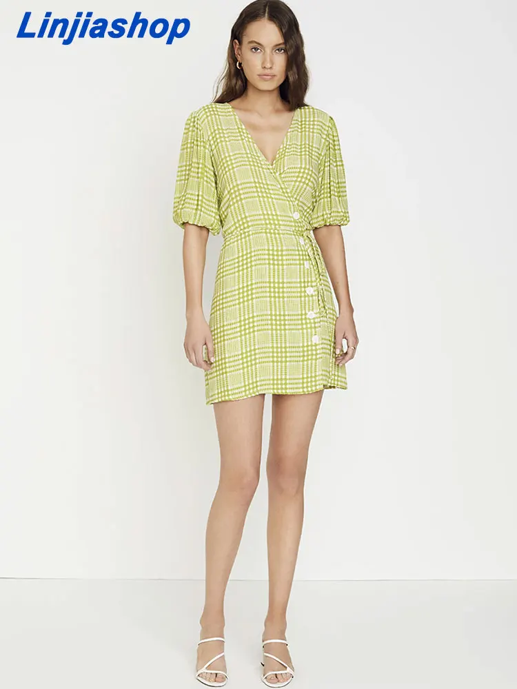 

Женское мини-платье с квадратным вырезом, летнее зеленое праздничное свободное короткое клетчатое платье с коротким рукавом и v-образным вы...