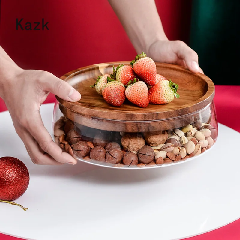 

Simplicity Glass Fruit Bowl Plate with Wood Tray Cover Snack Biscuits Storage Snack Plate Living Room Decoration Accessories