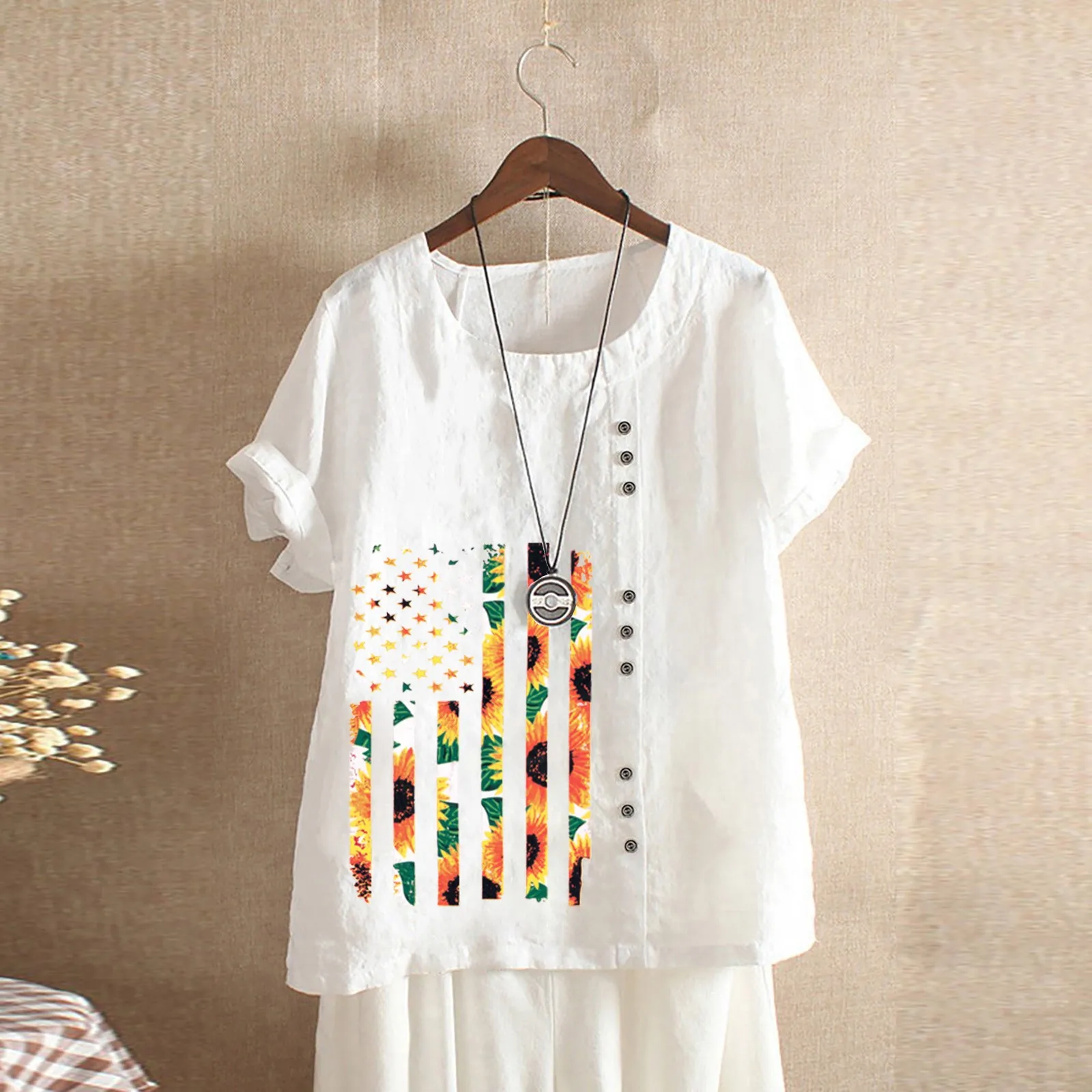 

Cotton Linen Top For Women Short Sleeve Pattern Printed Loose Classic Women Casual Shirt Cotton Long Sleeve Tee Shirts for Women