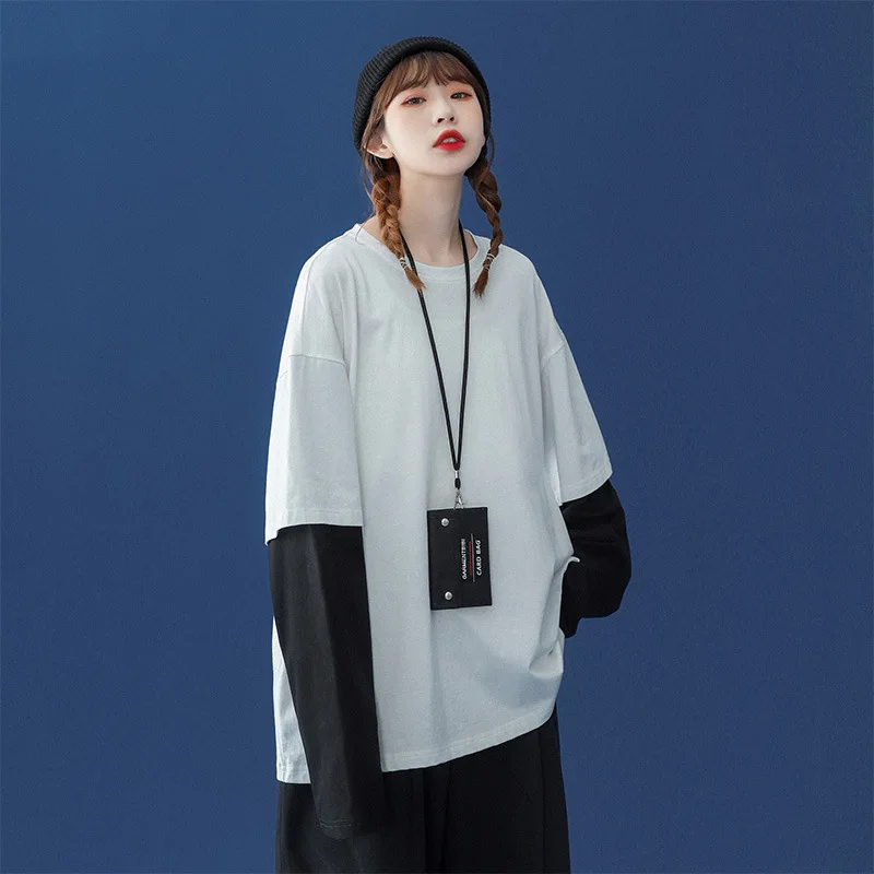 

Japan Style Solid Color Fake Two Long Sleeve Unisex T-Shirt Casual Simple Cotton Thin Bottoming Clothes Autumn Comfortable Tops