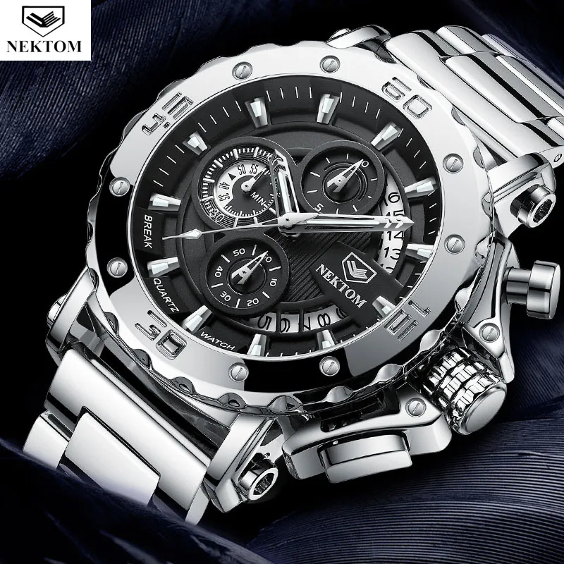 

NEKTOM Men Quartz Wristwatches Waterproof 3Bar Luminous Mens Watches Sports Stainless Steel Casual Watch For Men Montre Homme