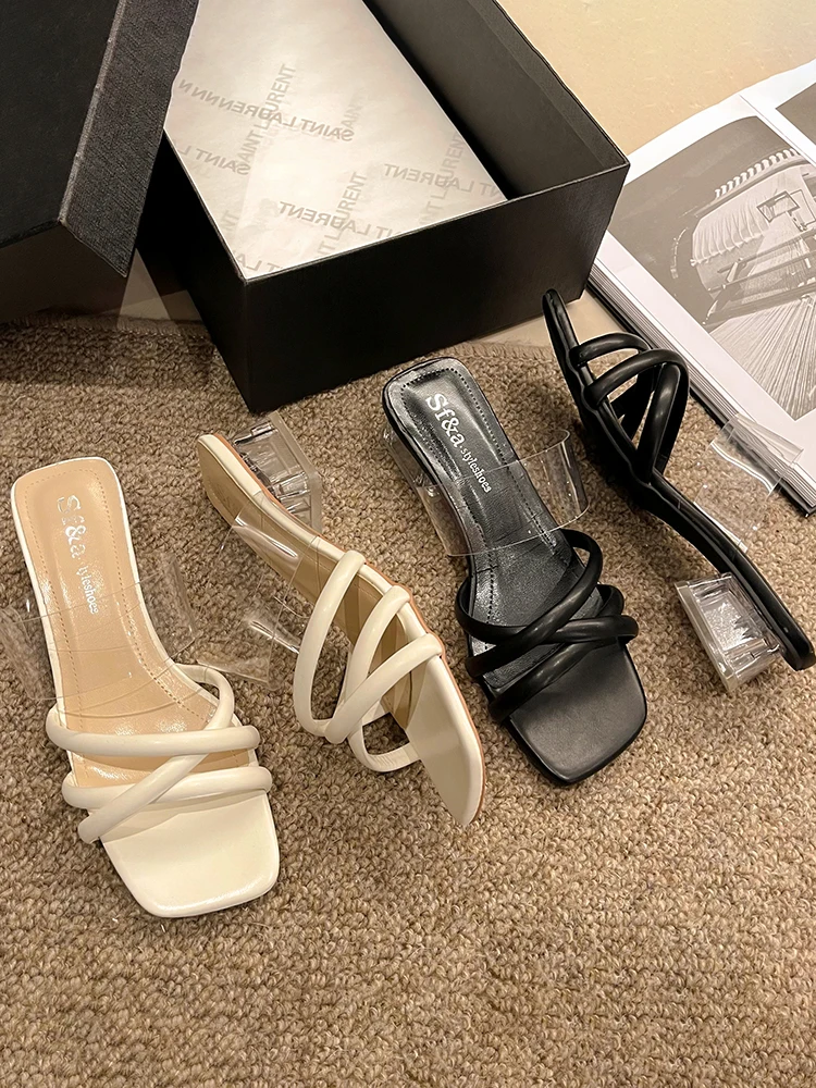 

Шлепанцы женские на среднем каблуке, квадратный носок, блестящие сандалии на высоком каблуке, уличные резиновые шлепанцы с перекрестной шн...