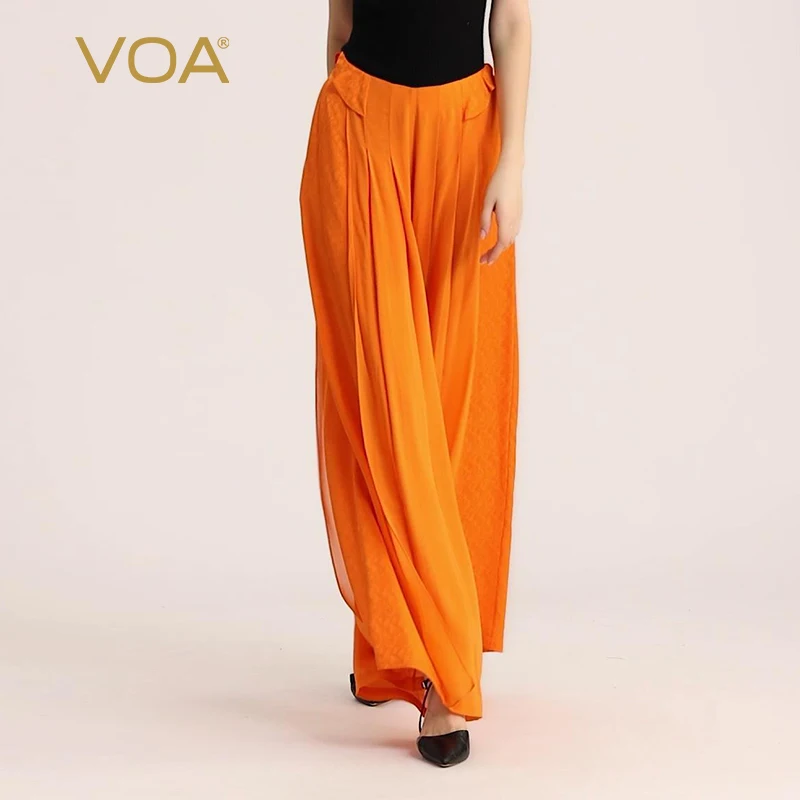 

VOA Silk Jacquard Orange Natural Waist Invisible Zipper Fold Stitching Loose Covered Meat Summer Wide-leg Pants for Women KE538