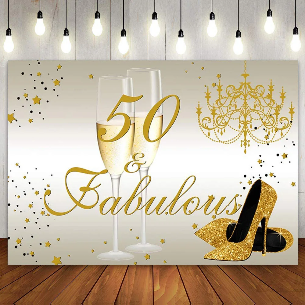 Happy 50th Birthday Backdrop for Women Party Banner Decoration Champagne Gold High Heels and  Fabulous Photography Background