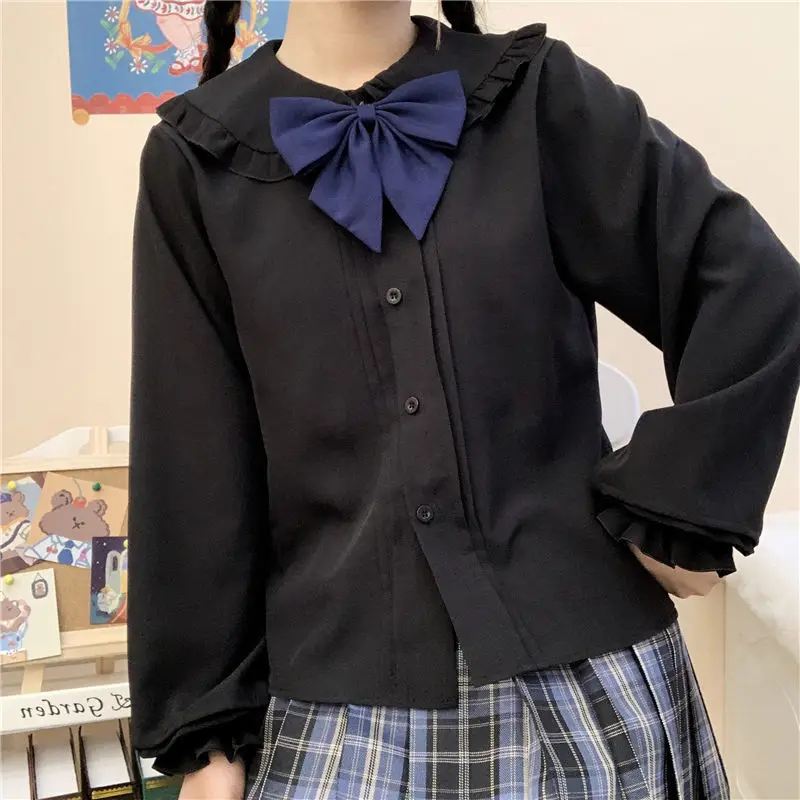 QWEEK Black Shirt Women Kawaii Peter Pan Collar Blouses Button Up Long Sleeve Cute Ruffle Tops Lolita Style Goth Girl Aesthetic