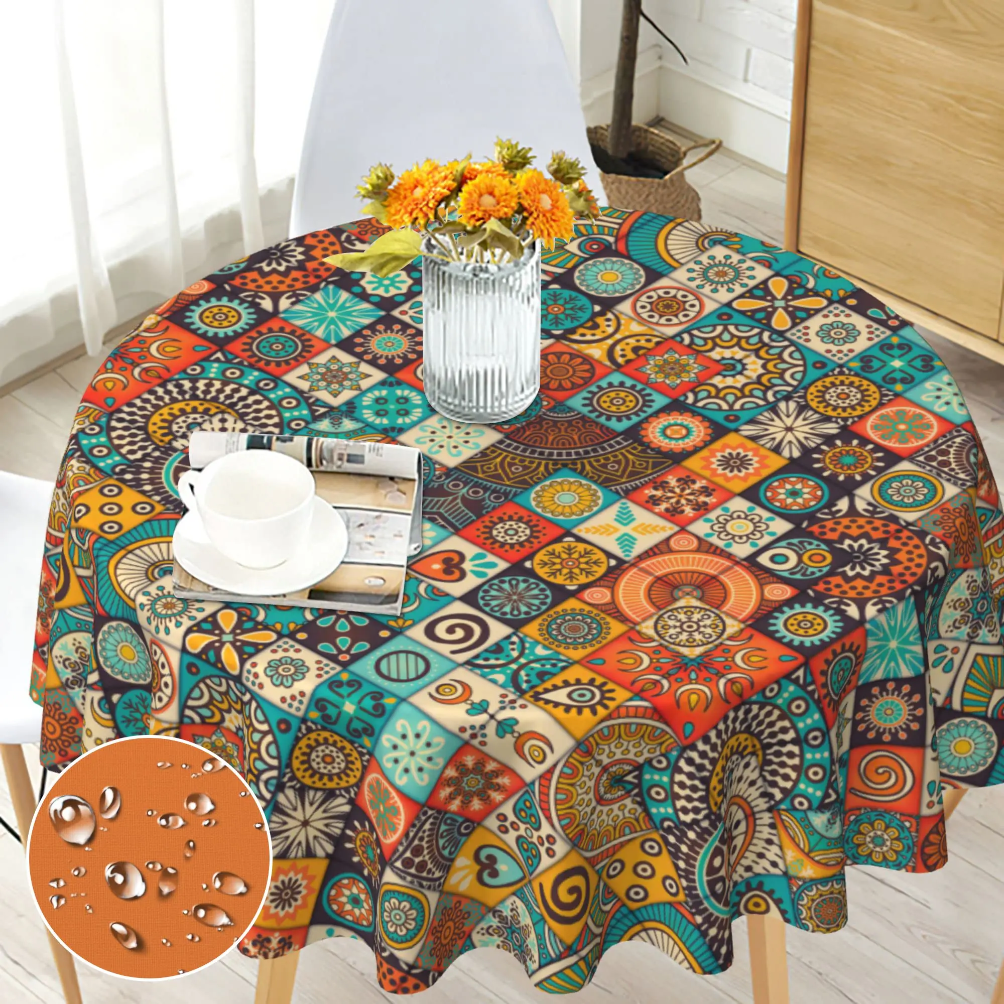 

Boho Round Tablecloth 60 inch, Bohemian Circle Table Cloth, Stain Resistance, Water Repellent and Wrinkle-Free