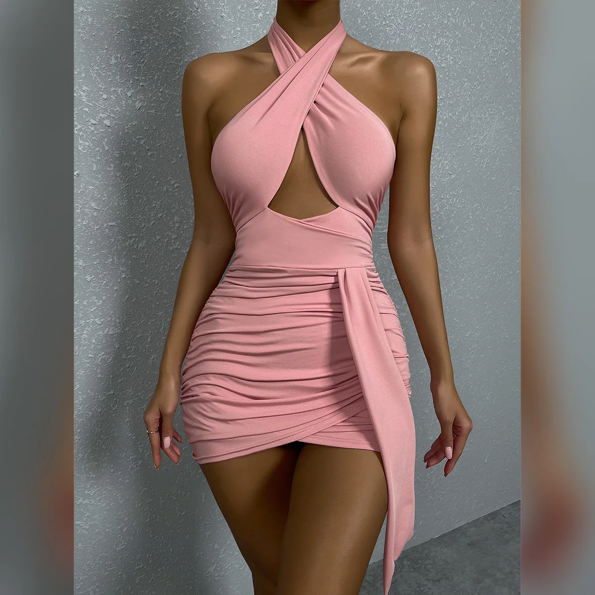 

2022 Summer Lanyard Bag Hip Skirt Sexy Cross Halter Neckless Pleated Dress