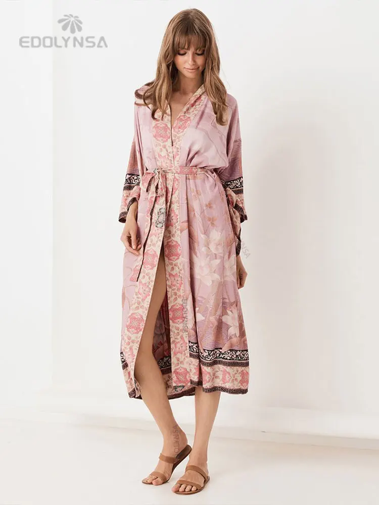2023 Bikini Cover-ups Pink Boho Print Self Belted Front Open Long Kimono Dress Beach Tunic Women Swim Suit Cover Up Q996 - купить по