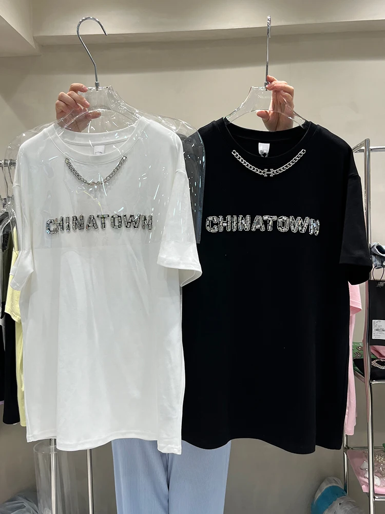 

New Summer Mid-length Short Sleeve Women T-shirt Diamond Letters White Cotton Pullover Top Oversize Casual Female Tees Trendy