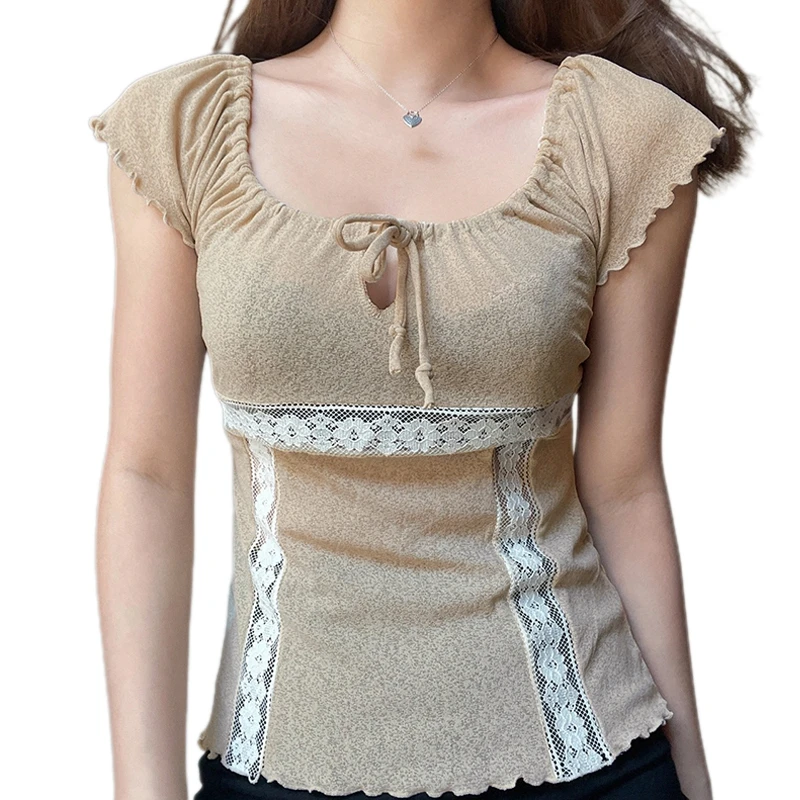 

Женские летние элегантные топы, летние лоскутные облегающие футболки с глубоким круглым вырезом и шнуровкой