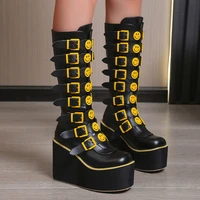 brand design female gothic cosplay wedges high heels women boots fashion metal buckle platform knee high boots punk shoes woman