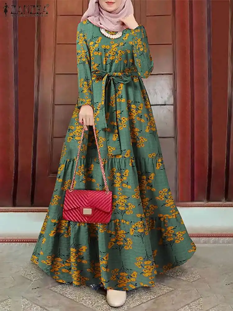 

2022 ZANZEA Women Long Sleeve O-Neck Marocain Caftan Islamic Clothing Muslim Turkey Abaya Hijab Dress Elegant Casual Long Robe