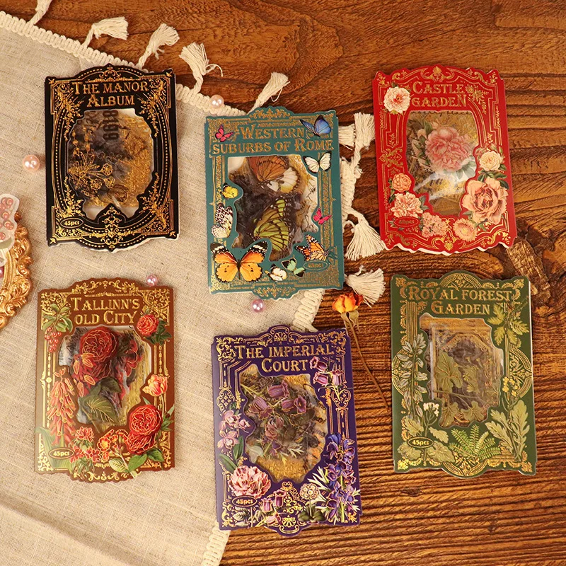 

45pcs Retro Gorgeous and Beautiful PET Texture Bronzing Handbook Decoration Flower Butterfly Plant DIY Notebook Sticker Gift