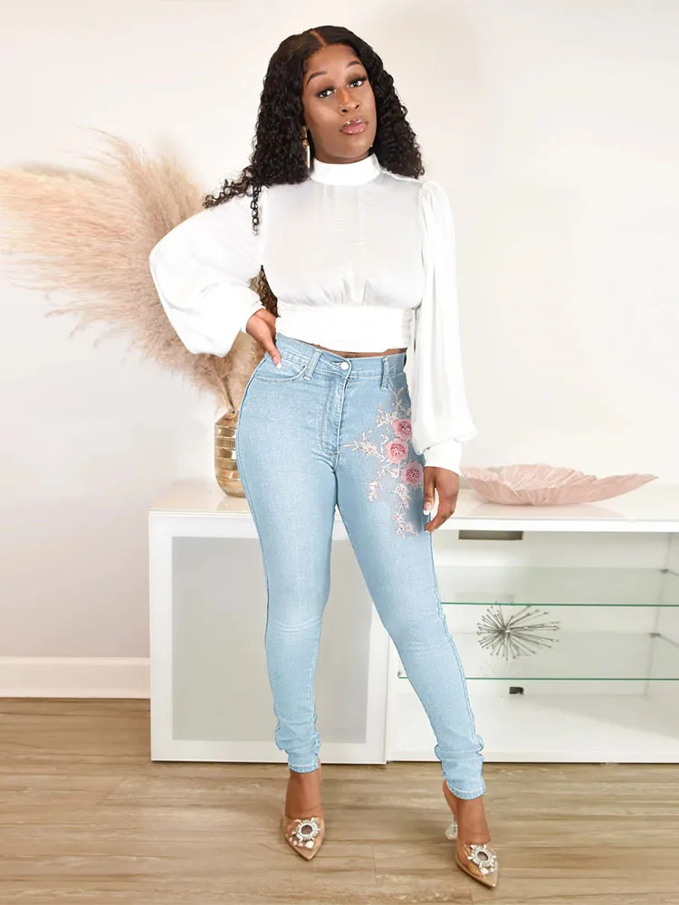 

Пикантные джинсовые брюки-карандаш с цветочным принтом, женские эластичные джинсы с высокой талией, одежда в стиле Харадзюку для весны и ос...