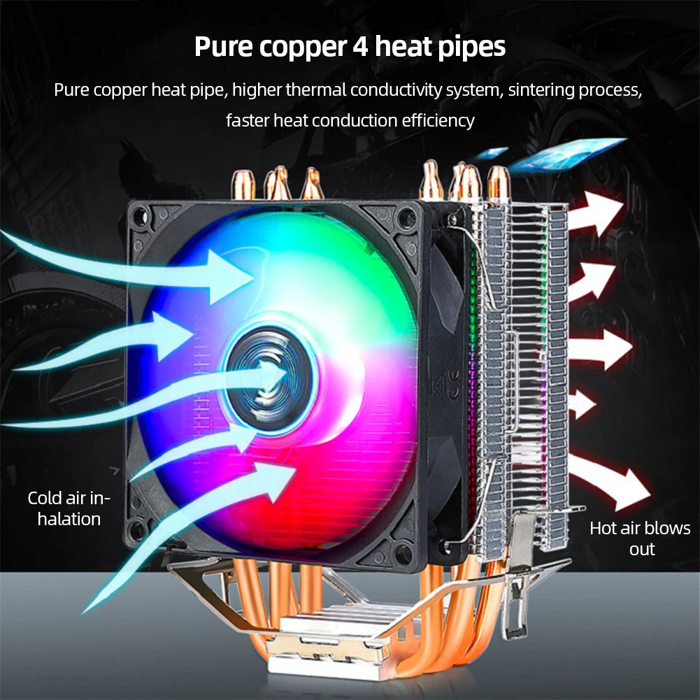 

CPU Cooler Radiator 4 Heat Pipe 9cm RGB Cooling Fan Hydraulic Bearings Colorful Light Effect Computer Accessories for INTEL AMD