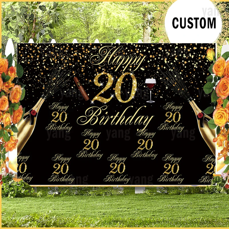 

20th Photo Backdrop Boys Black Gold Glitter Happy Birthday Party Custom Girls Champagne Decoration Photography Background Banner