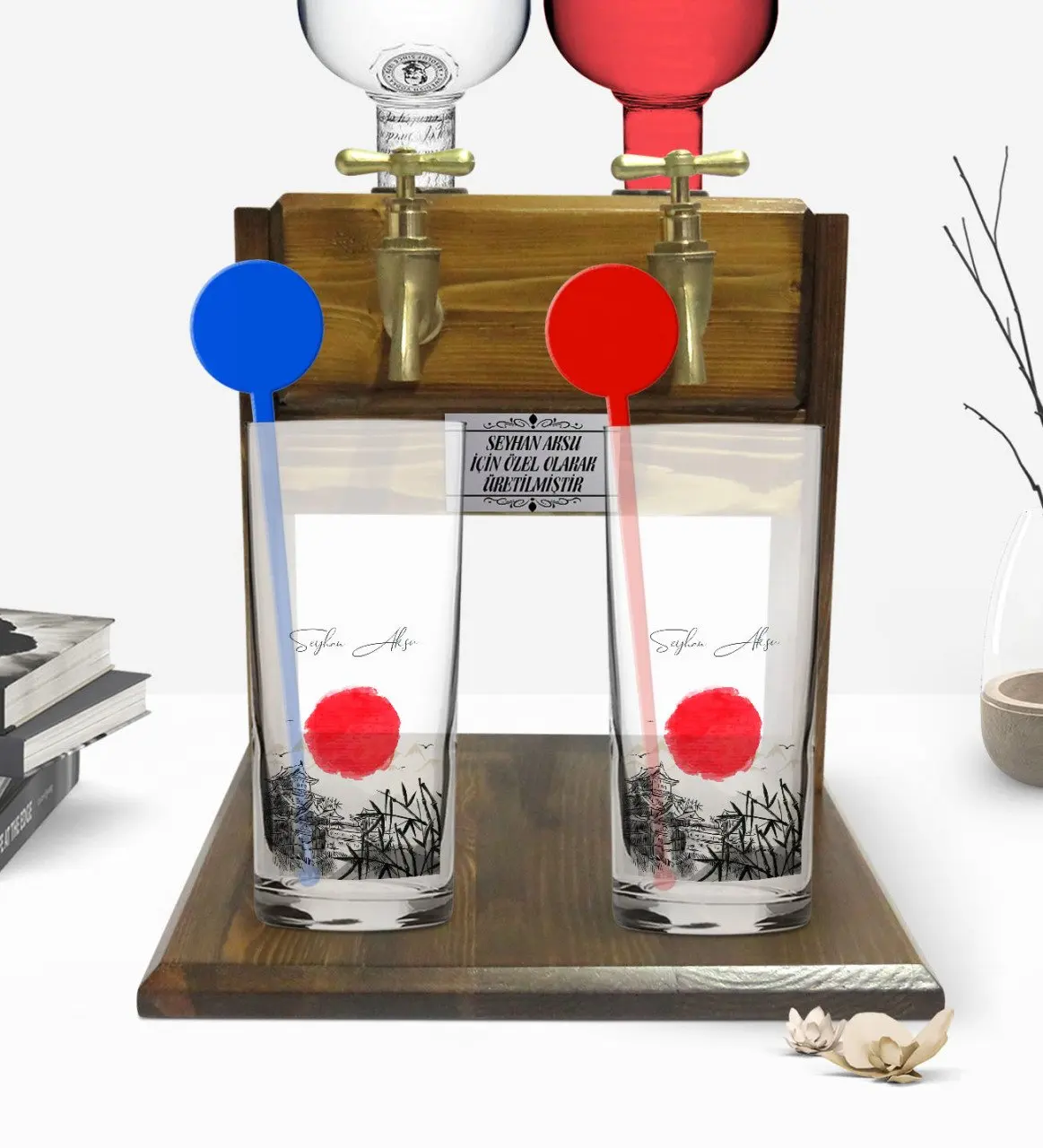 

Personalized Colorful Printed Japan Design Dual Vodka Cup and Double Tap Natural Wood Vodka Standı-1