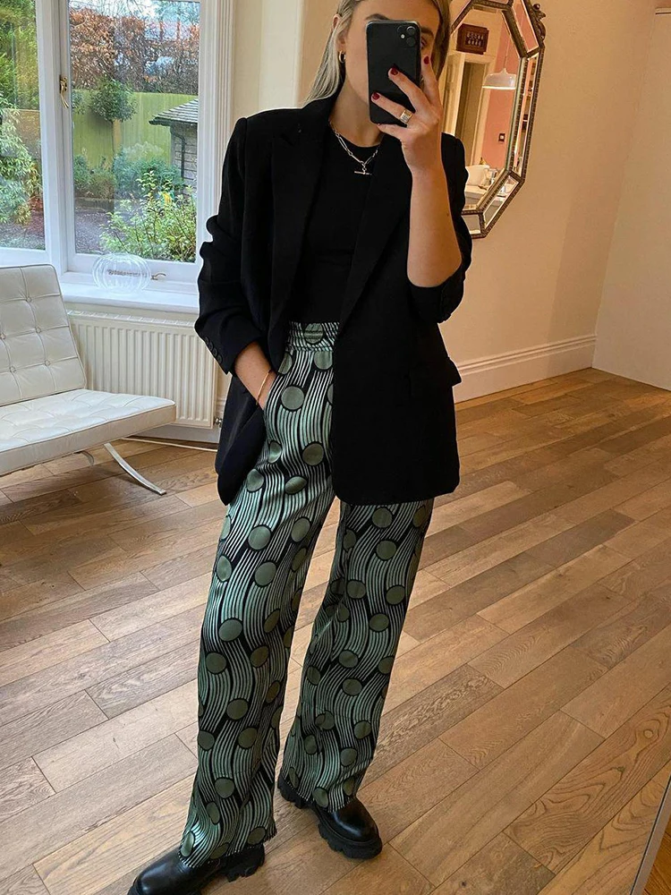 

Green Stripe Polka Dots Print Satin Women Trousers Za Fashion Spring Casual Office Ladies Pants Pantalon Pour Femme Bottom 2022