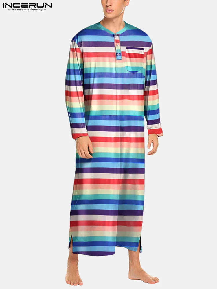 

Men Colorful Striped Sleep Robes INCERUN Long Sleeve O Neck Comfy Sleep Robes 2022 Spring Man Casual Button Homewear Gown S-5XL