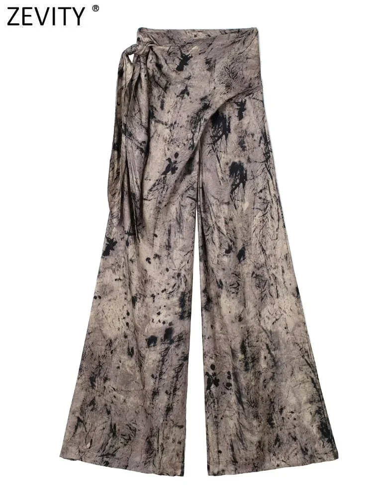 

Женские винтажные широкие брюки Zevity с принтом чернильный рисунок, широкие брюки с узлом, женские свободные длинные брюки, женские брюки P3600