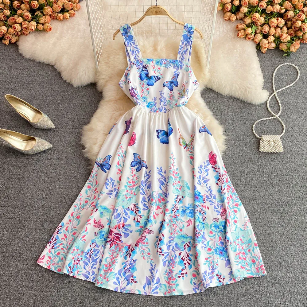 

YIZZHOY Summer Women Chic Casual Suspender Seaside Holiday Dress Female Fashion High Waist Slim Backless Print A-Line Dresses