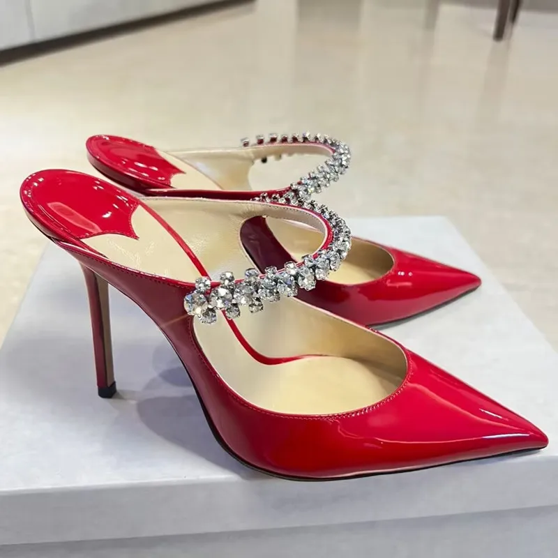 Spring and summer new high-heeled shoes Muller shoes pointed rhinestone chain fashion banquet Baotou stiletto ladies sandals