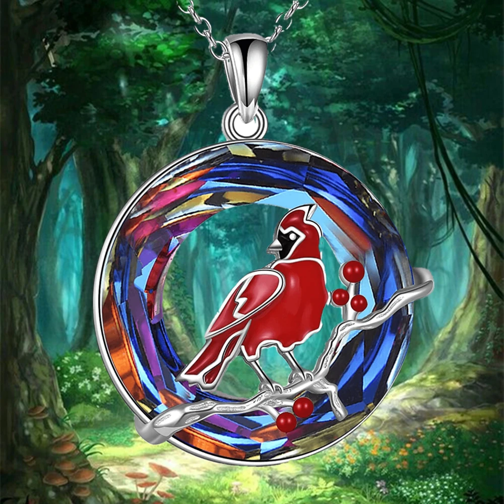 

Fashion Red Bird Necklace Natural Colorful Round Crystal Bird Animal Amethyst Pendant for Women Valentines Day Anniversary Gift