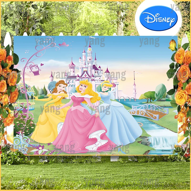 

Custom Romantic Disney Princess Cinderella Belle Cartoon Birthday Party Beautiful Outdoor Castle Backdrop Photography Background