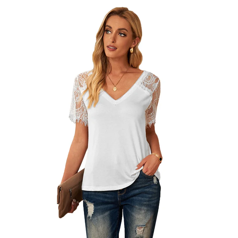 

Women T-shirt Summer V Neck Lace Hollow Out Solid Printed Loose Leisure Lady Top Street Wear Comfortable Female Clothes
