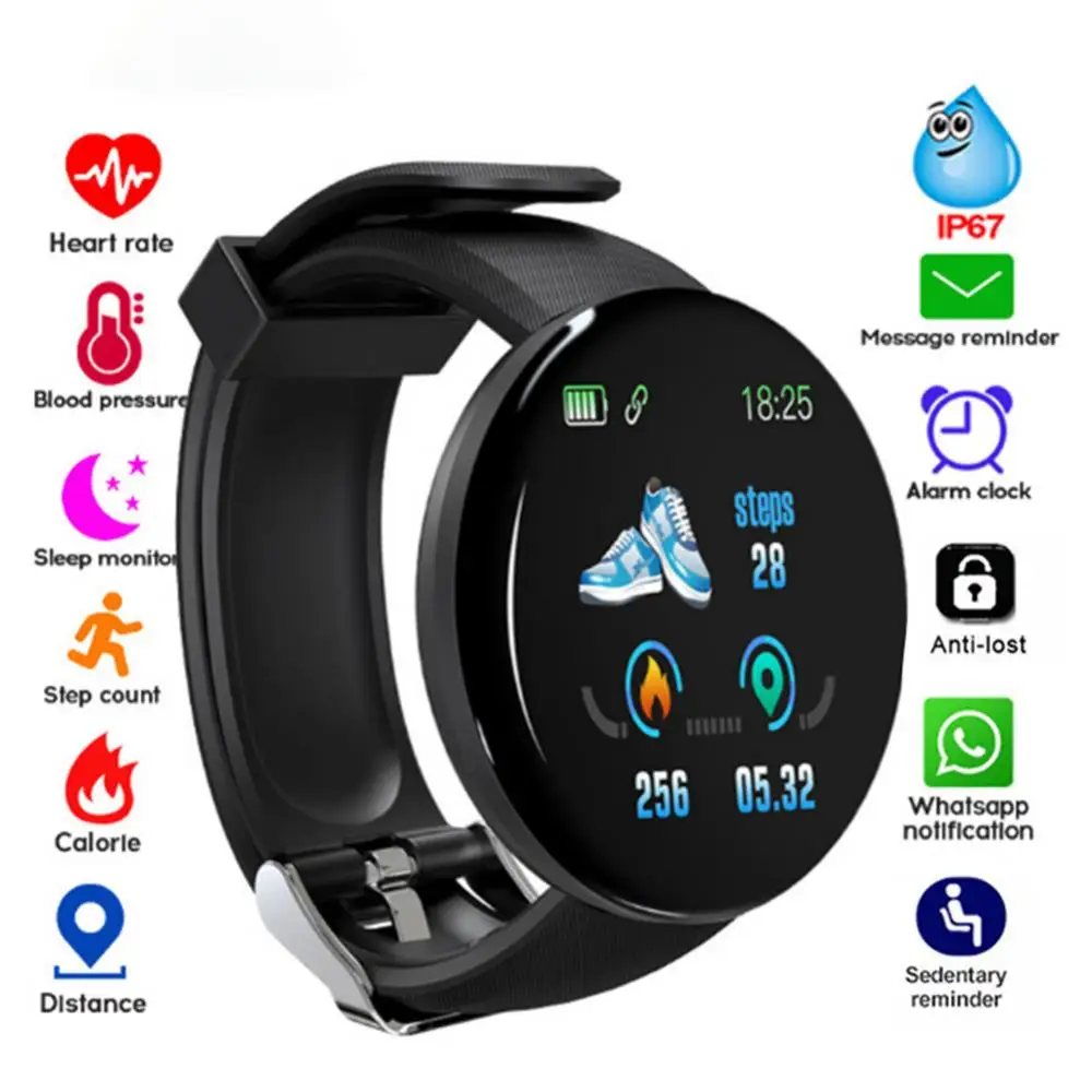 

D18 Smart Watch Heart Rate Monitor Smartwatch Round Fitness Digital Watches Men Women Band Bracelet For Android IOS