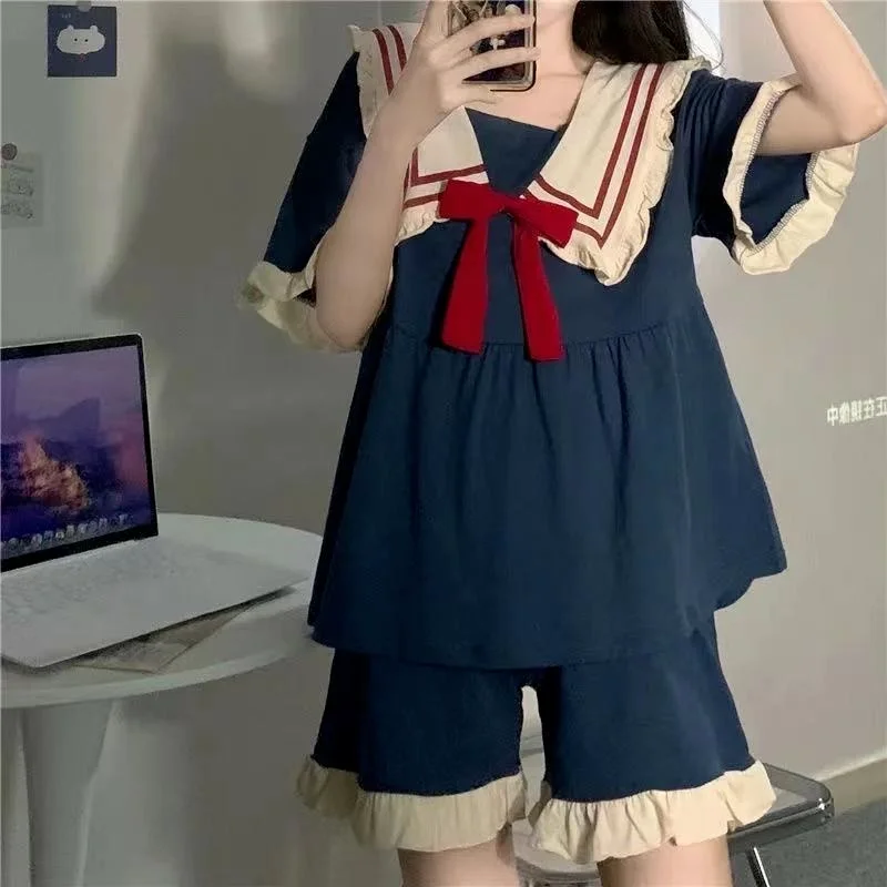 QWEEK Women's Nightgowns Kawaii Princess Style Nightdress Bow Navy Collar Sleepdress Summer Homedress Nightwear Cosplay Cute