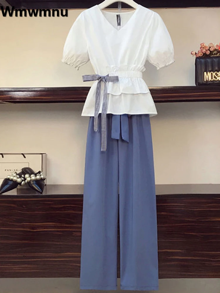 

Lace Up Twe Piece Sets Womens Summer Short Sleeve Tops And Wide Leg Pants Suits Elegant Korean Fashion Outfits 2023 New