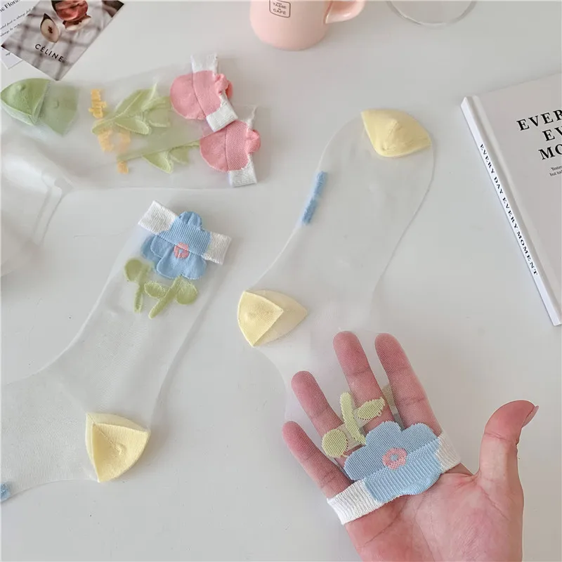 3PAIRS Women's Summer New Tulip Kanekalon Tube Socks Thin Breathable Mesh Sweet College Style Glass Stockings