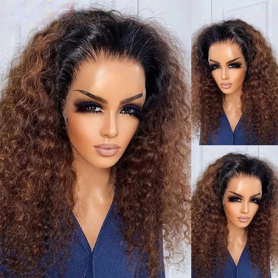

Ombre Brown Colored 13X6 Lace Front Human Hair Wig For Black Woman Natural Hairline Bouncy Curly Cheap T Part Wig Indian Remy