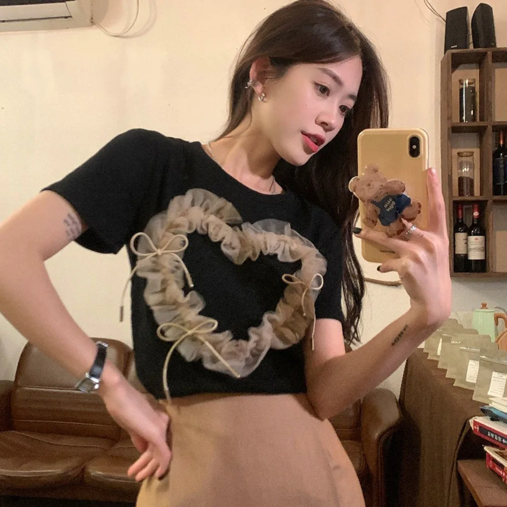 

Женская футболка с коротким рукавом, свободная простая Приталенная футболка с бантом в виде сердца, модный дизайн, лето 2022