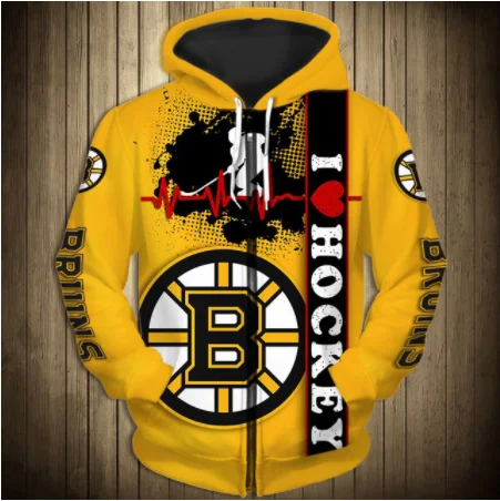 Boston-Sudadera con capucha para hombre, con cremallera 3D, Letra de grafiti B, negro y amarillo, Estampado de rayas, Bruins