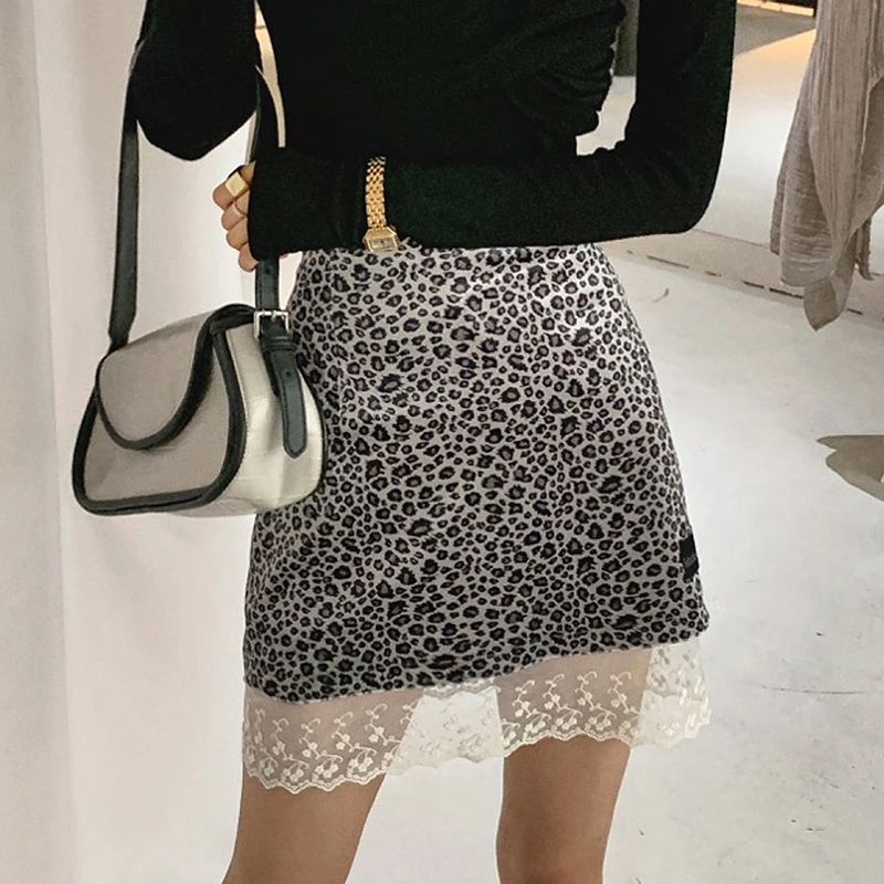 

GGRIGHT Vintage Leopard Print Mini Skirt Jupe Femme Lace Trim High Waist Sexy Pencil Skirts Women Clothing 2022 Saias Mulher