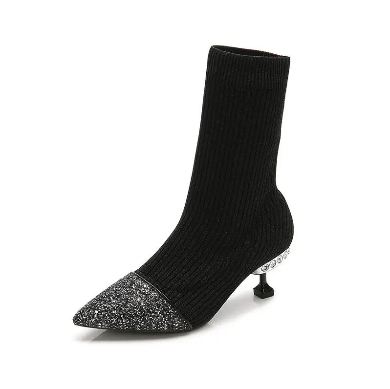Womens Sequins Rhinestones Crystal Diamond Stitching Knitting Yarn Ankle Boots Socks Shoes Pointed Toe Stilettos Heel Botas